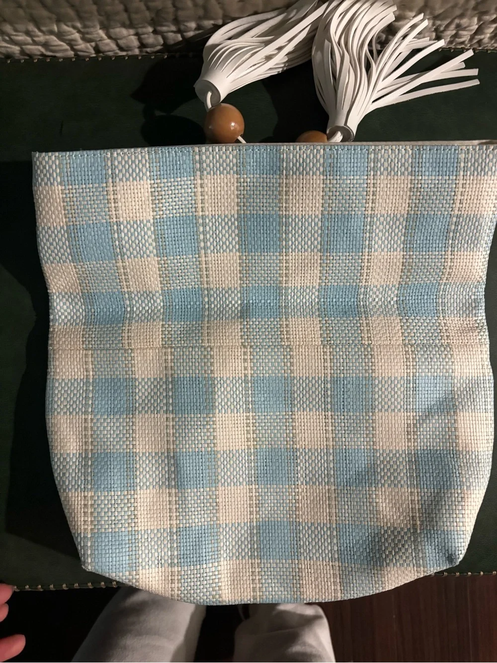 Anthropologie Light Blue and White Check Tassel Clutch with Wooden Beads